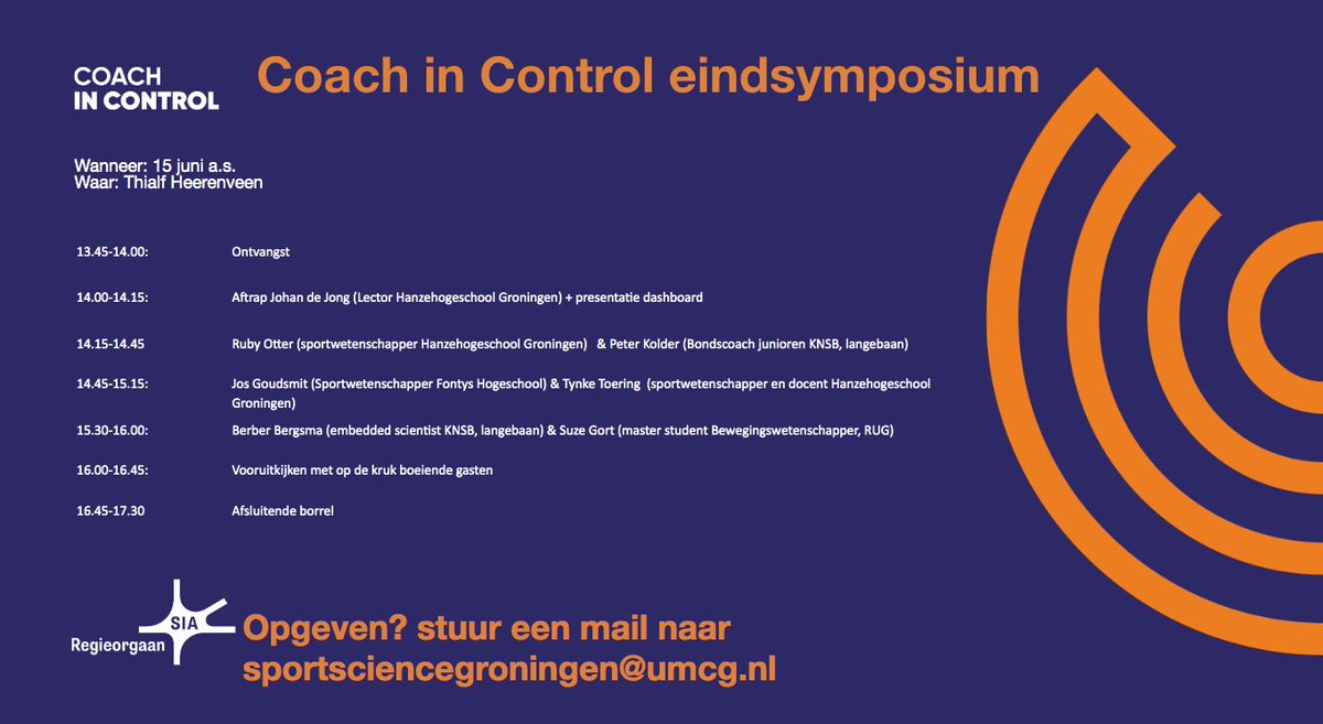 SportScience_IG's tweet photo. Hierbij maken wij het programma bekend voor het Coach in Control eindsymposium, gehouden op 15 juni a.s. in @Thialf Wil je hier nog bij zijn? Stuur dan snel een mail naar sportsciencegroningen@umcg.nl Tot dan? https://t.co/UriSeUMFz3