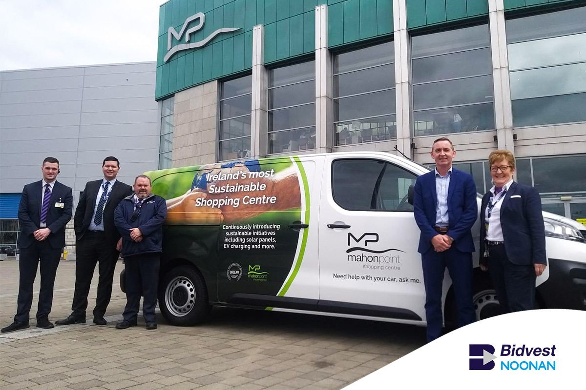 BidvestNoonan's tweet photo. We are delighted to support the Mahon Point Shopping Centre  on its environmental journey. Today members of our security team received the new electric van alongside our customer. The new electric vehicle will contribute to achieving our customer's sustainability goals. https://t.co/0hY5JTiCl9