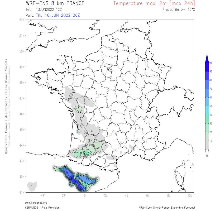 Jeudi, puis vendredi, le signal pour des températures atteignant 40°C ou plus devient significatif dans l'ouest, davantage ciblé par cette vague de chaleur.
Les records mensuels semblent très probables, les records absolus sont possibles mais à confirmer. 