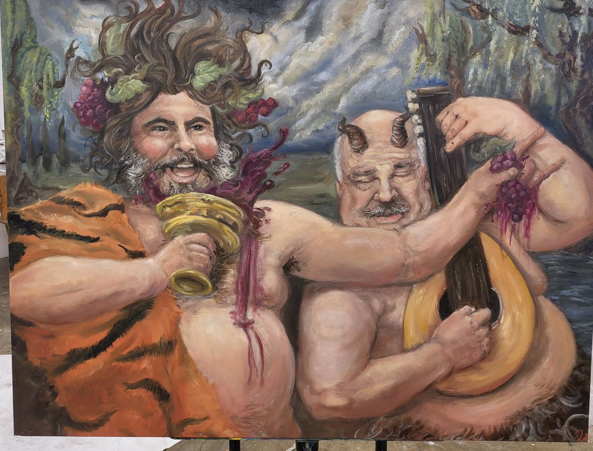 johntbournII's tweet photo. TENACIOUS D(IONYSUS) 
36x30 oil on canvas by me! This is a tribute to the greatest band in the world! "IT DOESNT MATTER IF IT IS GOOD, IT ONLY MATTERS IF IT ROCKS"
#oil #CANVAS #painting #mythology #TenaciousD https://t.co/akim6YtaUS