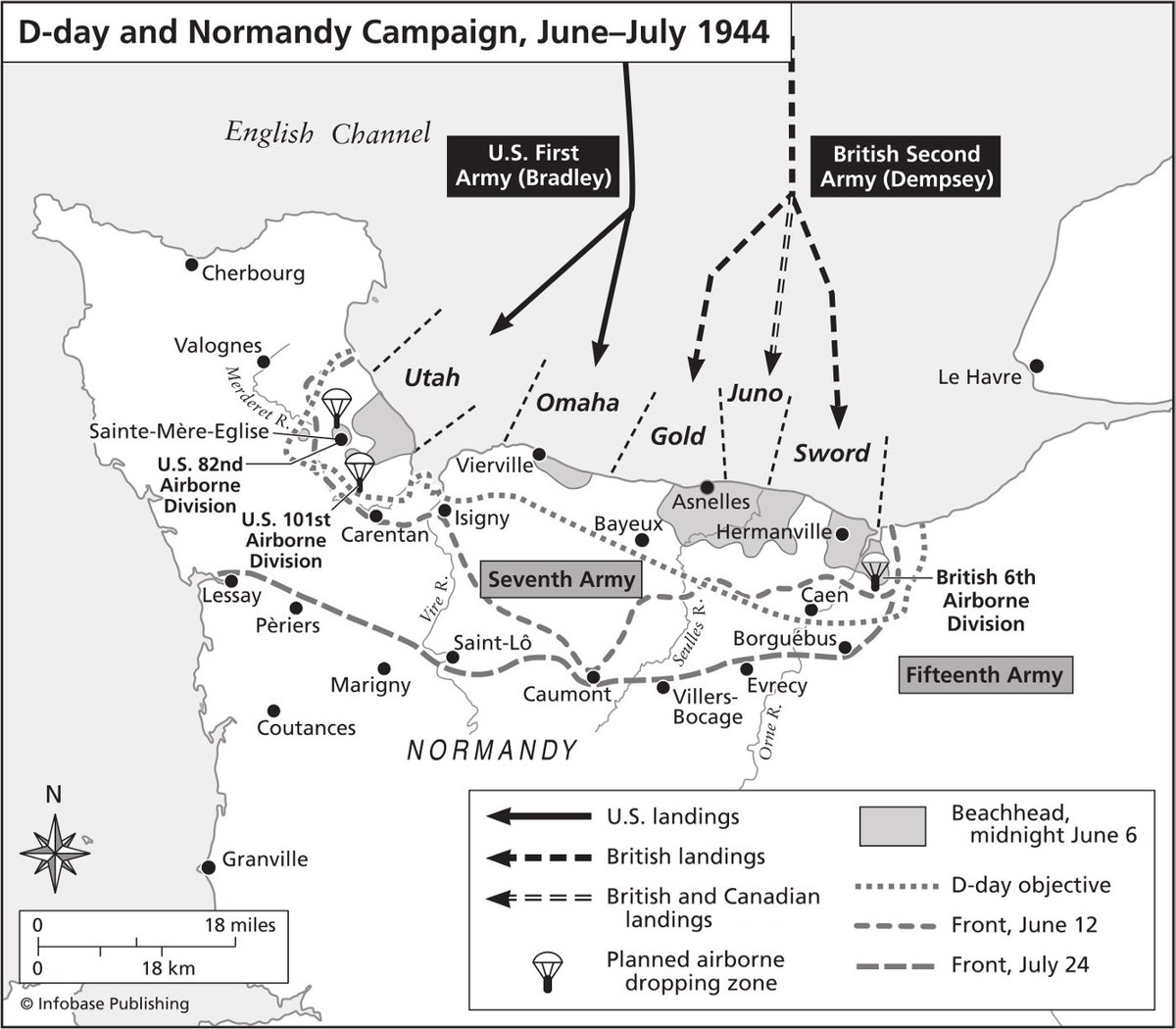 The Normandy landings (Operation Neptune) were conceived as part of a larger plan called Operation Overlord which aimed to liberate northern France. Neptune called for landings at 5 different beaches, coordinated with airborne drops in German rear areas. (4)