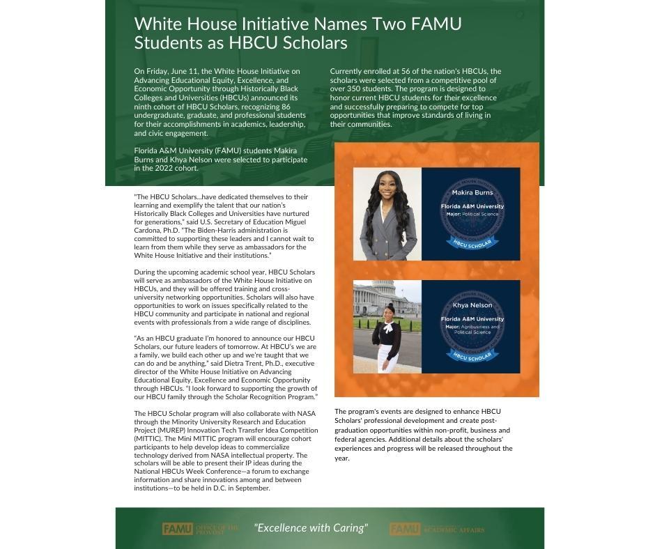 White House Initiative Names Two FAMU Students as HBCU Scholars
conta.cc/3xKQOXi