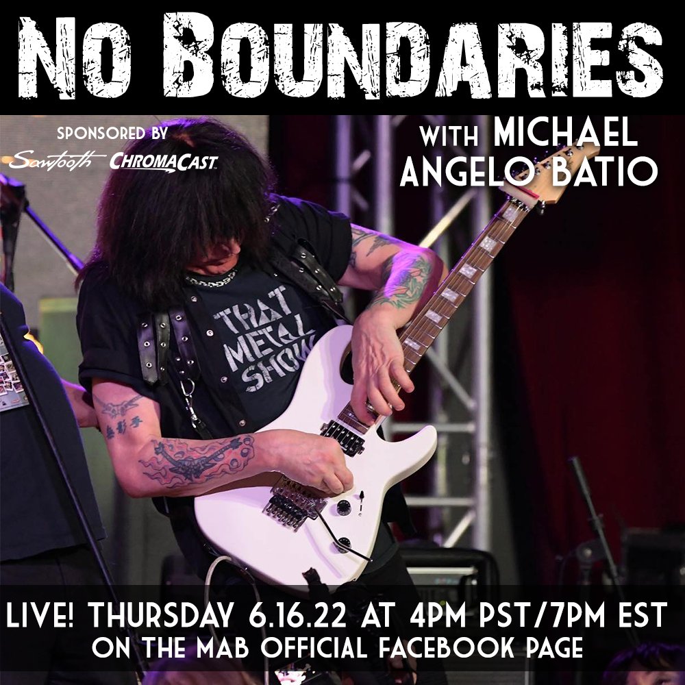 Don't miss the live-streaming show "No Boundaries" with #MichaelAngeloBatio this Thursday 4pm pst/7pm est on the Official #MAB Facebook page.  MAB's Page: ow.ly/GpXE50DXGdE 
#GoDpsMusic #Guitar #Guitars #GuitarPlayer #MAB #Sawtooth #SawtoothGuitars #ChromaCast