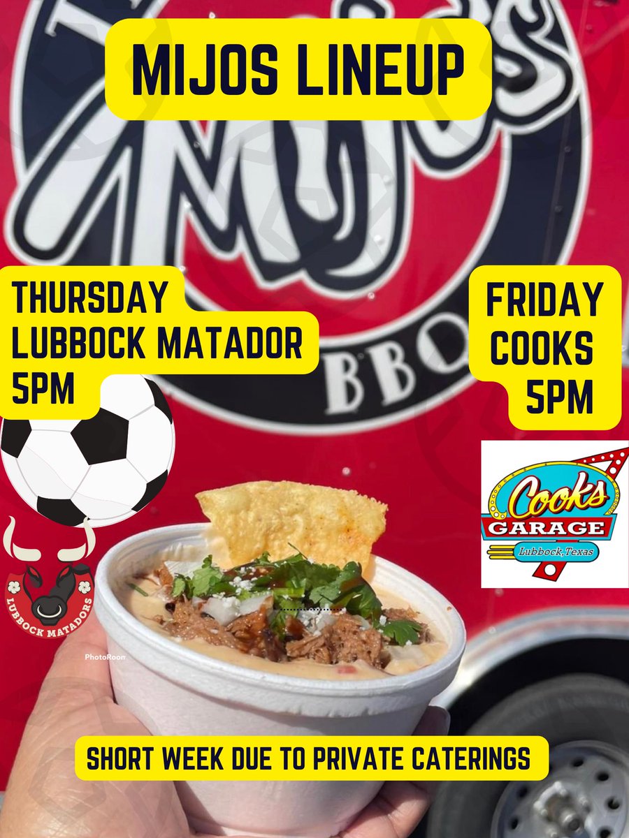 #Mijos Lineup short week but exciting! 
Come out and watch <a href="/LubbockMatadors/">Lubbock Matadors</a> on Thursday at 5pm &amp; on Saturday join us at #Cookgarage for <a href="/EverclearBand/">Everclear</a>!
