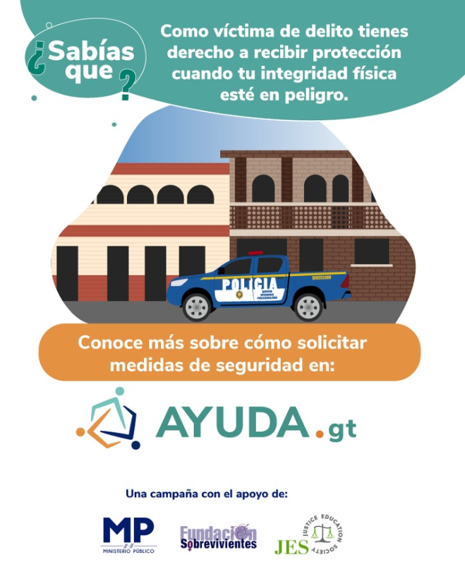 BuscaAyudaGt's tweet photo. ¿Sabías qué como víctima de delito tienes derecho a recibir protección cuando tu integridad física esté en peligro?

Conoce más sobre cómo solicitar medidas de seguridad en https://t.co/gSXB0rUWhq

#BuscaAyuda
#AyudaGt
#BuscaAyudaGt
@MPguatemala https://t.co/IQOUbEi8hB