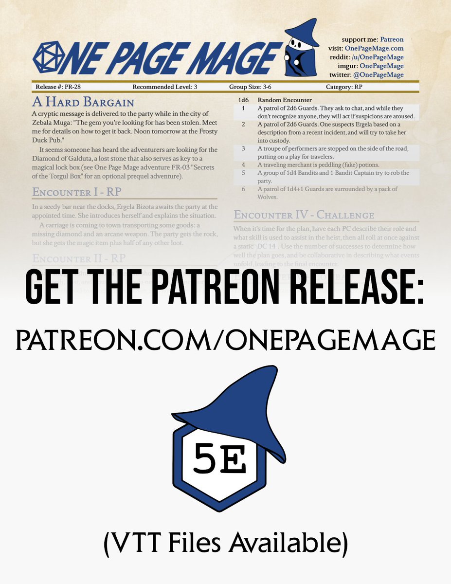 OnePageMage's tweet image. 🚨NEW ADVENTURE!🚨
PR-28 "A Hard Bargain" is a level 3 adventure, now released! 

This One-Page One-Shot focuses RP Encounters, and can optionally be run as a sequel to one of my popular free adventures, FR-03 "Secrets of the Torgul Box" - more info 🧵 below!

🧙