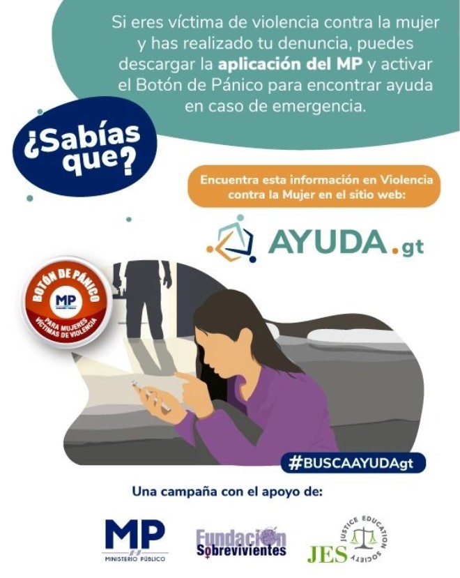 BuscaAyudaGt's tweet photo. ¿Sabías que si eres víctima de violencia contra la mujer y has realizado tu denuncia, puedes descargar la aplicación del MP y activar el Botón de Pánico para encontrar ayuda en caso de emergencia?

Encuentra más información en https://t.co/gSXB0rUWhq
@MPguatemala 
#BuscaAyudaGT https://t.co/rvn0tTm76T