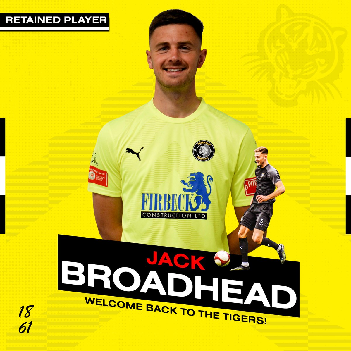 worksoptownfc's tweet photo. 𝗪𝗘𝗟𝗖𝗢𝗠𝗘 𝗕𝗔𝗖𝗞, 𝗝𝗔𝗖𝗞 𝗕𝗥𝗢𝗔𝗗𝗛𝗘𝗔𝗗!

Worksop Town Football Club are happy to announce the return of @jackbroadhead51 for the 2022/23 campaign!

Read comments from our midfielder and manager Craig Parry below!

#UTT 🐯