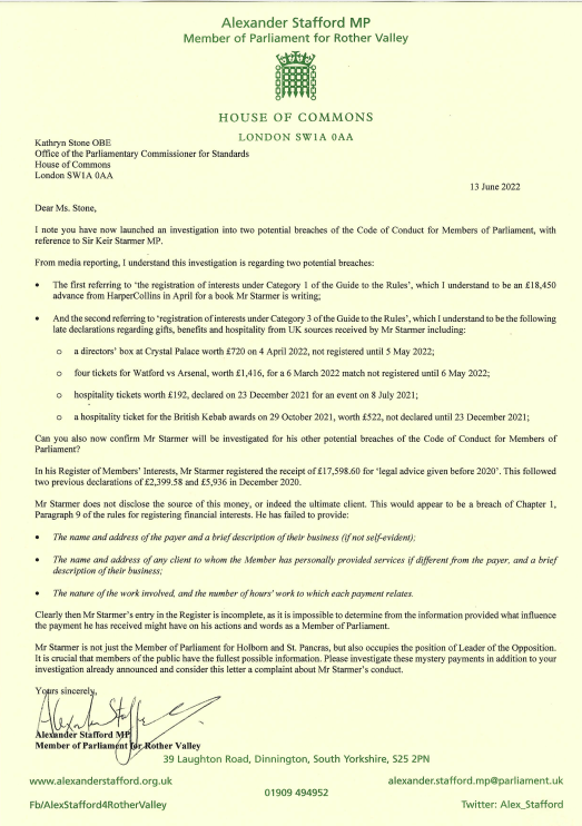 New: Tory MP Alexander Stafford writes to Parliamentary Commissioner Kathryn Stone over Sir Keir Starmer's alleged breaches of code of conduct

Calls on them to say why they haven't said who paid him tens of thousands of pounds for "legal advice given before 2020"...