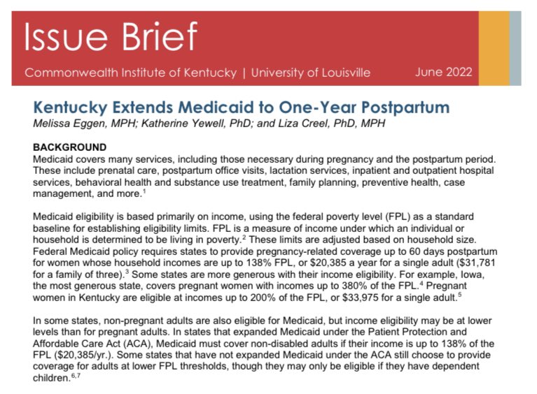 UofL Public Health (@ulsphis) on Twitter photo Did you know Kentucky has expanded postpartum #Medicaid coverage to one-year? Check out this new Issue Brief by the <a href="/UofLCIK/">Commonwealth Institute of Kentucky</a> on what this could mean for #Kentucky moms & families: tinyurl.com/4n3jserp
#maternalhealth #womenshealth #infanthealth #healthpolicy #uofl Did you know Kentucky has expanded postpartum #Medicaid coverage to one-year? Check out this new Issue Brief by the <a href="/UofLCIK/">Commonwealth Institute of Kentucky</a> on what this could mean for #Kentucky moms & families: tinyurl.com/4n3jserp
#maternalhealth #womenshealth #infanthealth #healthpolicy #uofl