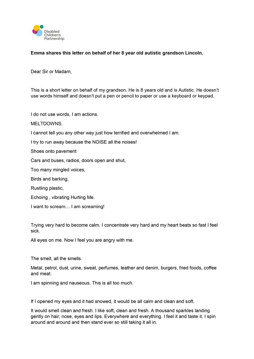 DCPcampaign's tweet photo. "I do not use words, I am actions.
MELTDOWNS.
I cannot tell you any other way just how terrified and overwhelmed I am.
I try to run away because the NOISE all the noises!"

Emma shares this letter on behalf of her autistic grandson Lincoln #SecretLifeOfUs

https://t.co/b2sQ5E0mBB https://t.co/OlJPGgxYjU