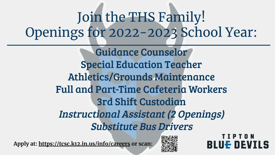 TiptonHS's tweet photo. THS is hiring for the 2022-2023 school year! Help us spread the word.

Like and share for a chance to win a Blue Devil Fan Pack! We will draw 2 winners on Friday, June 17th. The fan pack includes 4 complimentary tickets to an athletic event and other Blue Devil gear. #BlueFuture https://t.co/Twfu4VOv80