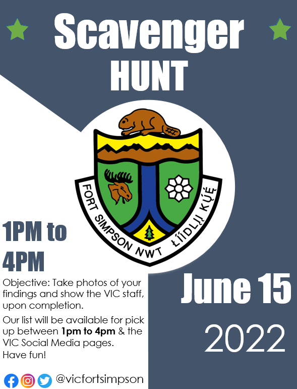 There will be a scavenger hunt on Wednesday June 15th, between 1 pm and 4 pm! A list will be posted online at 1pm and available lists will be printed at the VIC if anyone would like a physical copy 😁