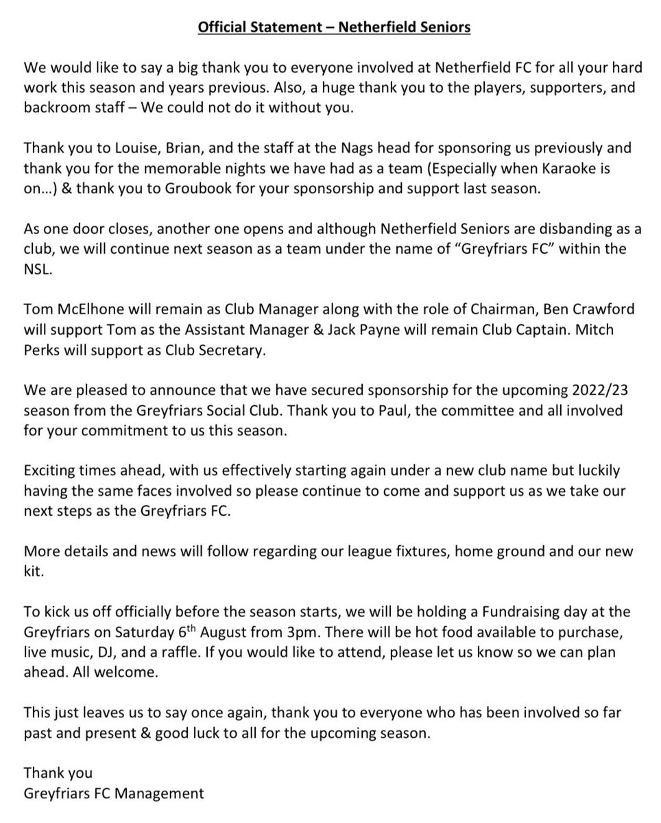 GreyfriarsFC22's tweet photo. Club statement regarding some changes going on
All friendlies previously arranged still stand and we will update with more information when we can

💚

#UpTheFriars #COYBIG https://t.co/NeW7l8mRKN