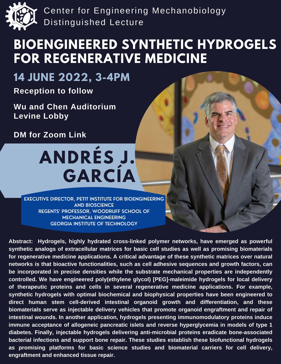 Happening tomorrow @Penn! We welcome Dr. Andrés García @GeorgiaTech for a #CEMB Distinguished Lecture titled 'Bioengineered Synthetic Hydrogels for Regenerative Medicine.' Join us in person or DM us for a link!

@PennEngineers @pennbioeng @WashUengineers @CCBM_UCMerced @BU_Tweets