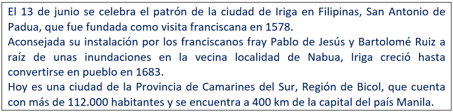 javierleoncio49's tweet photo. El 13 de junio se celebra el patrón de la ciudad de Iriga en Filipinas, San Antonio de Padua, que fue fundada hace 444 años como visita franciscana en 1578. @TourismPHL,@ICEXFilipinas, @ConEspManila, @EmbEspFilipinas, #iriga , #CamSur, #Filipinas https://t.co/8pOh4RAPyZ