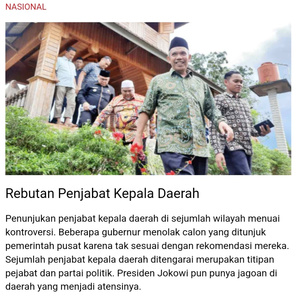 Sejumlah petinggi pemerintah pusat diduga cawe-cawe dalam penunjukan penjabat kepala daerah. Partai juga ditengarai menitipkan calon ke Kementerian Dalam Negeri
majalah.tempo.co