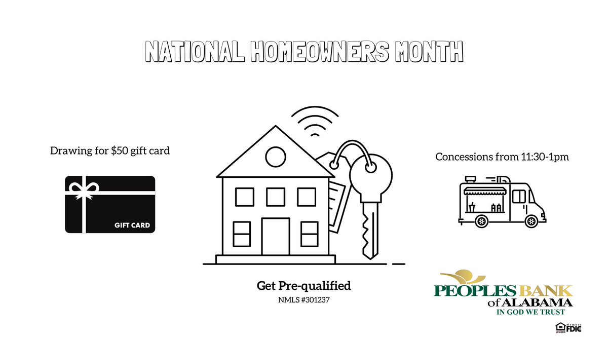 It’s National Homeownership month! To celebrate, Peoples Bank Mortgage Specialists will be outside the Centre Branch TOMORROW serving free hot dogs, cokes, and snacks from 11:30 am to 1:00 pm. They will be available to answer any mortgage questions!