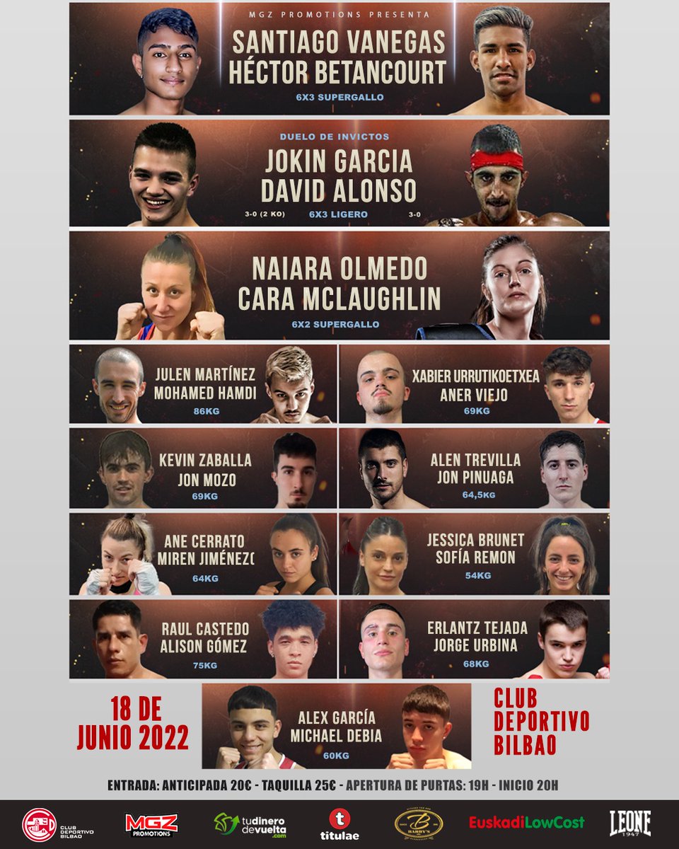 🔥Ya entramos en la semana de la pelea🔥
🆕Estos son los combates que componen la velada del sábado. 
✍🏻Recuerda que las puertas abren a las 19:00 y el primer toque de campana será a las 20:00
🥊Últimas entradas❗