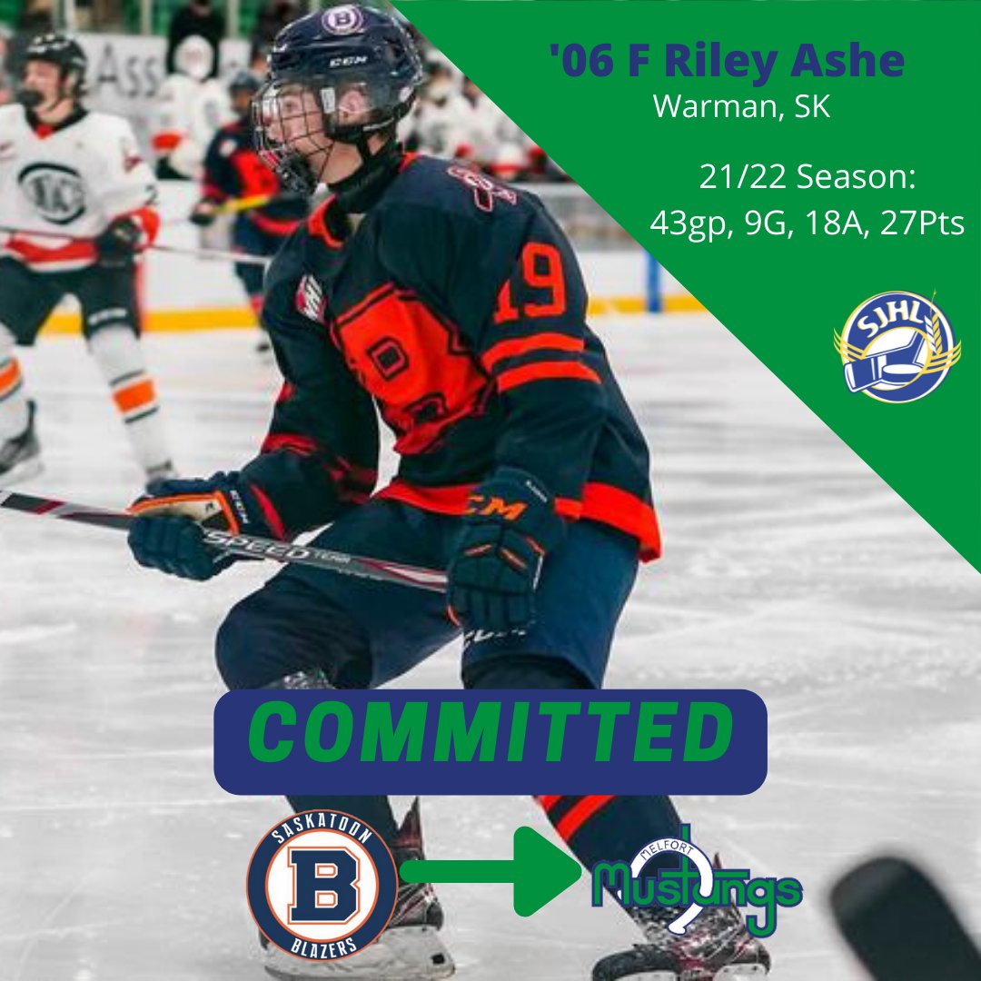 COMMITMENT:

The Mustangs are excited to announce that '06 F Riley Ashe has committed to the Mustangs for the 2022/2023 season!

Ashe was our first-round pick (10th Overall) in Friday's SJHL Draft. 

In 43gp with the <a href="/stoonblazers/">Saskatoon Blazers</a> this season, Ashe had 27 points (9G-18A)!