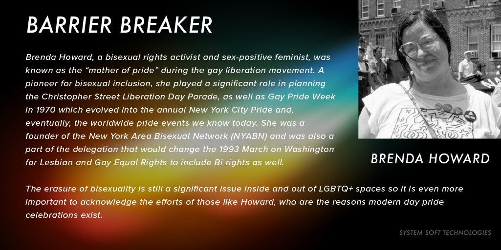 SystemSoft_Tech's tweet photo. Brenda Howard, also known as The Mother of Pride, played a significant role in planning Gay Pride Week in 1970 which evolved into the annual New York City Pride and eventually, the worldwide pride events we know today.

#BarrierBreaker #BrendaHoward #SystemSoftPride #PrideMonth https://t.co/RfvZ6p6eWM