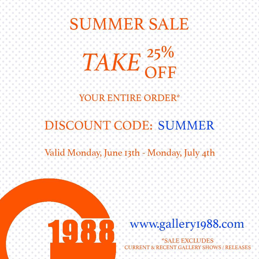 Galleries1988's tweet photo. SURPRISE! We are having a Summer Sale!!! 25% off almost everything on our site (only some new releases exempt). Use code SUMMER during checkout (or in-store) to save on that art you’ve been eye’ing. This will be valid through July 4th!!! Browse https://t.co/Nss45zwZTx NOW https://t.co/uUbupgXU0G