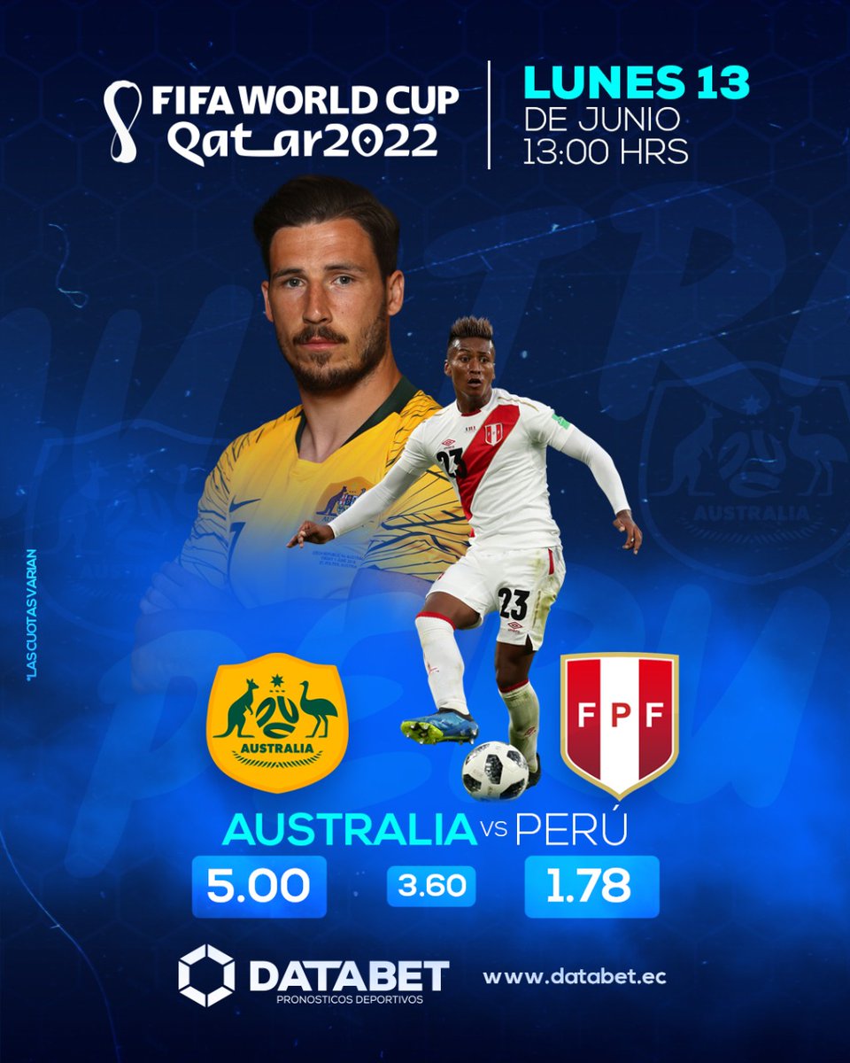 DatabetOficial's tweet photo. No te pierdas #Australia vs #Peru
✍️Juega y gana en #Databet pronósticos deportivos.

Tag: #manta #quito #guayaquil #ecuadorfutbol https://t.co/iivKfHT2jm