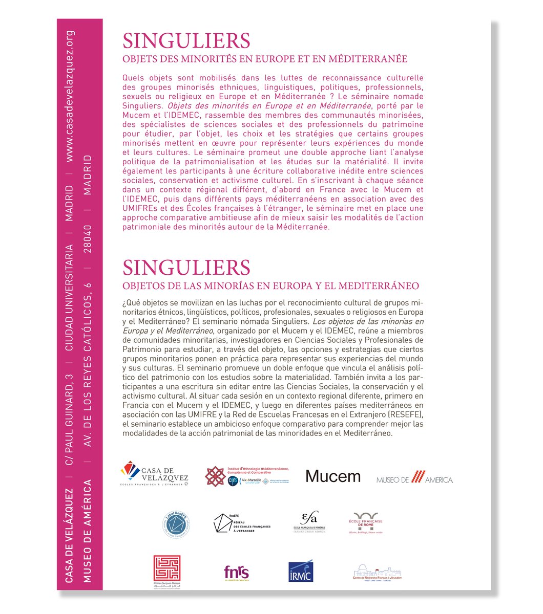 casadevelazquez's tweet photo. ✨¿Qué objetos se movilizan en las luchas por el reconocimiento cultural de grupos minoritarios en Europa y el Mediterráneo? #LabelResEFE
Esta será la pregunta central del seminario SINGULIERS, el lunes 20 en la Casa de Velázquez y el martes 21 en el @MuseoDeAmerica. https://t.co/zlNeULbSyy