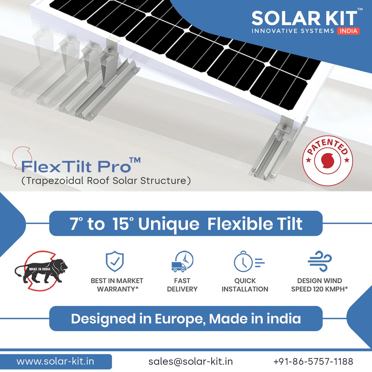 SolarKit_In's tweet photo. FlexTilt Pro - Trapezoidal Solar Structure
Awarded "Product of the Year" by #RenewX 2022

✓ Best in market warranty*
✓ Saves upto 25% cost
✓ Patented Product
✓ Quick Installation

Order Now : https://t.co/Z0DOZ8x76y 
Contact : +91-8657571188 | sales@solar-kit.in https://t.co/EV2QAF5SdH