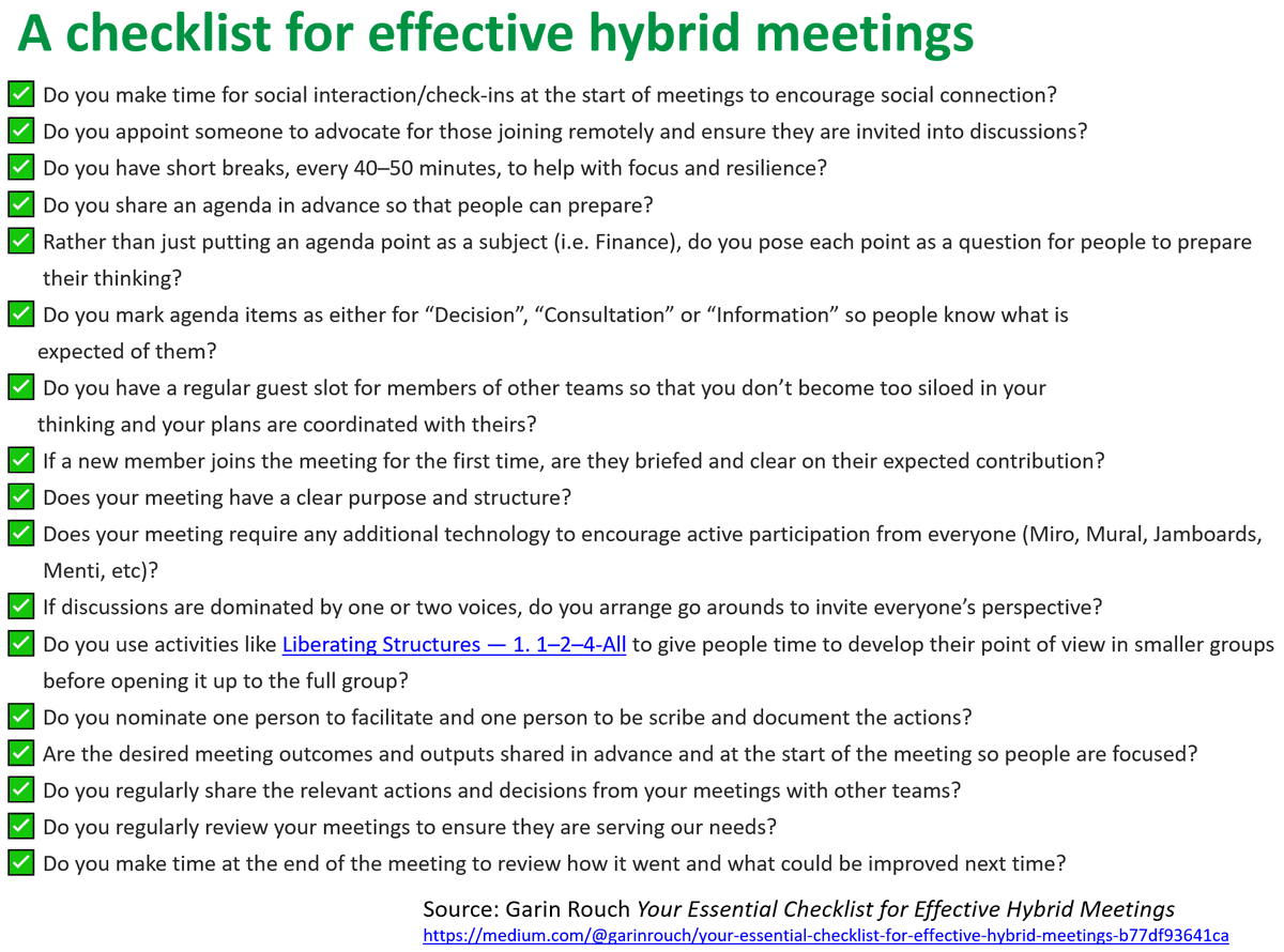 Helen Bevan (@helenbevan) on Twitter photo We're all getting used to the new reality of hybrid meetings, where some people take part in-person & others are virtual & remote. We have to learn new ways to run/lead meetings. Here's an excellent checklist for effective hybrid meetings from <a href="/OutstandUK/">Garin Rouch FCIPD</a>: medium.com/@garinrouch/yo… We're all getting used to the new reality of hybrid meetings, where some people take part in-person & others are virtual & remote. We have to learn new ways to run/lead meetings. Here's an excellent checklist for effective hybrid meetings from <a href="/OutstandUK/">Garin Rouch FCIPD</a>: medium.com/@garinrouch/yo…
