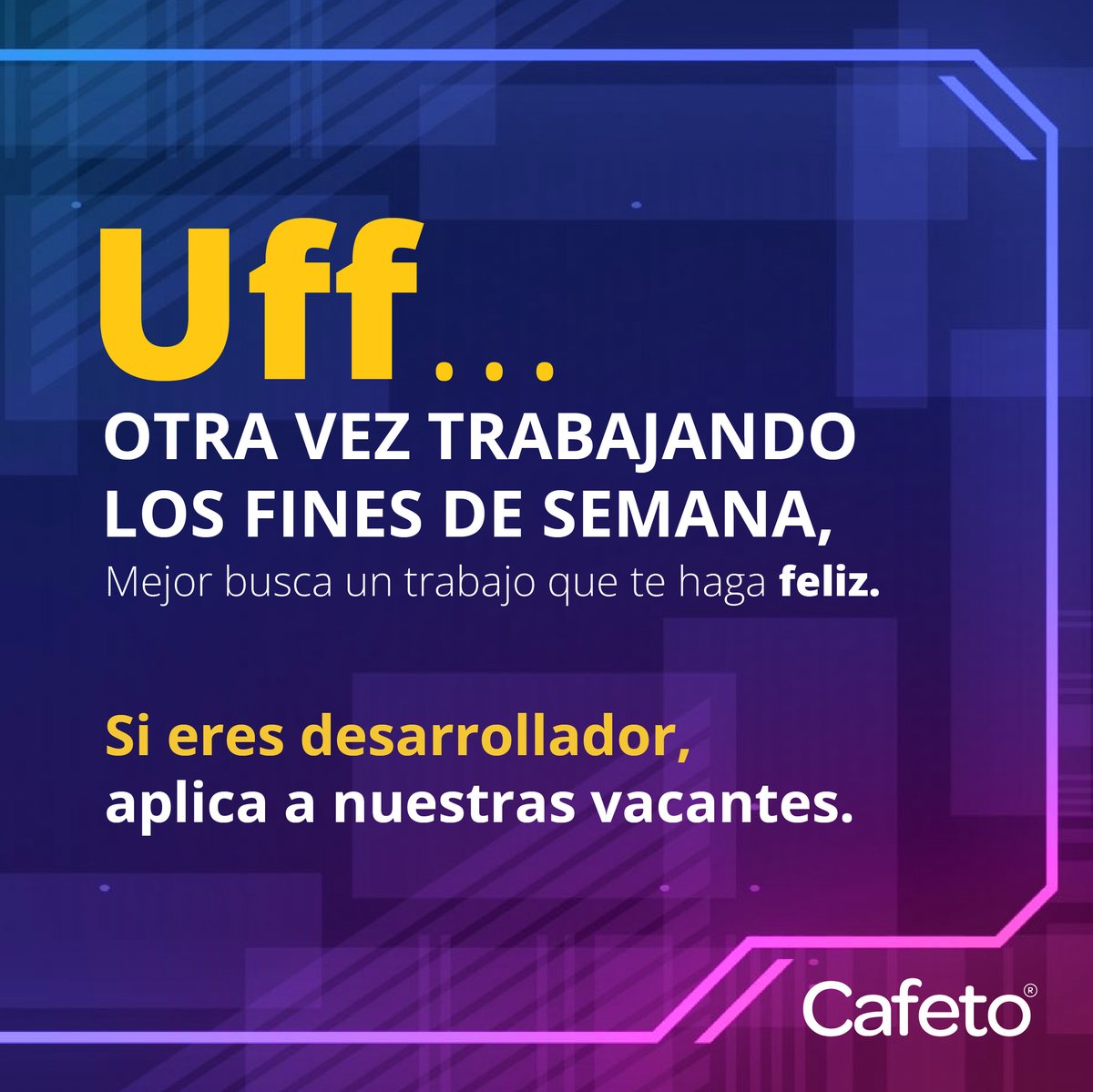 CafetoSoftware's tweet image. ¿Eres de los que trabaja los fines de semana?😥
Aquí respetamos tu tiempo libre, nuestros horarios son muy flexibles para que puedas tener tiempo para todas tus actividades. 🎧🎮✈️

Aplica fácilmente👉 hubs.la/Q010BJ2l0
Adjunta tu CV👉 lnkd.in/eKERKYkZ

#trabajosihay