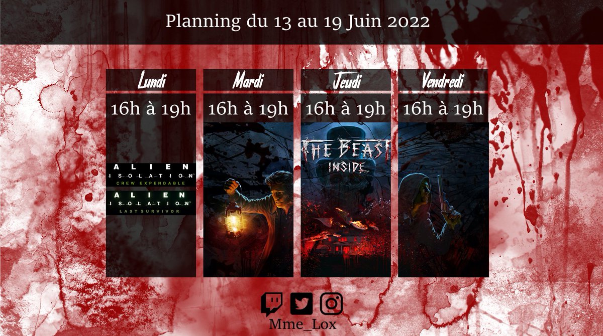 SpiraaliJarvi's tweet photo. Le planning de la semaine est disponible ! 🔪👀
#Stream #StreamFR #Twitch #TwitchFR #Horreur #AlienIsolation #Alien #CrewExpendable #LastSurvivor #TheBeastInside https://t.co/h7mQAxeO1e