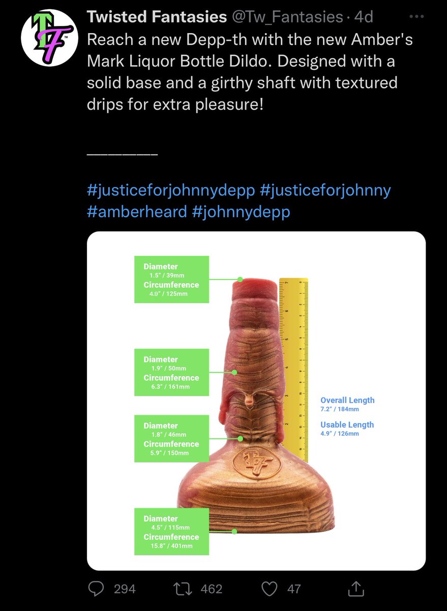 The clearest example of the sexualization and memeification of Depp v. Heard: a sex toy to simulate Amber Heard’s rape with a liquor bottle. The company also doubled down on it. Sexualizing someone’s account of rape is horrendous, whether or not you believe them.