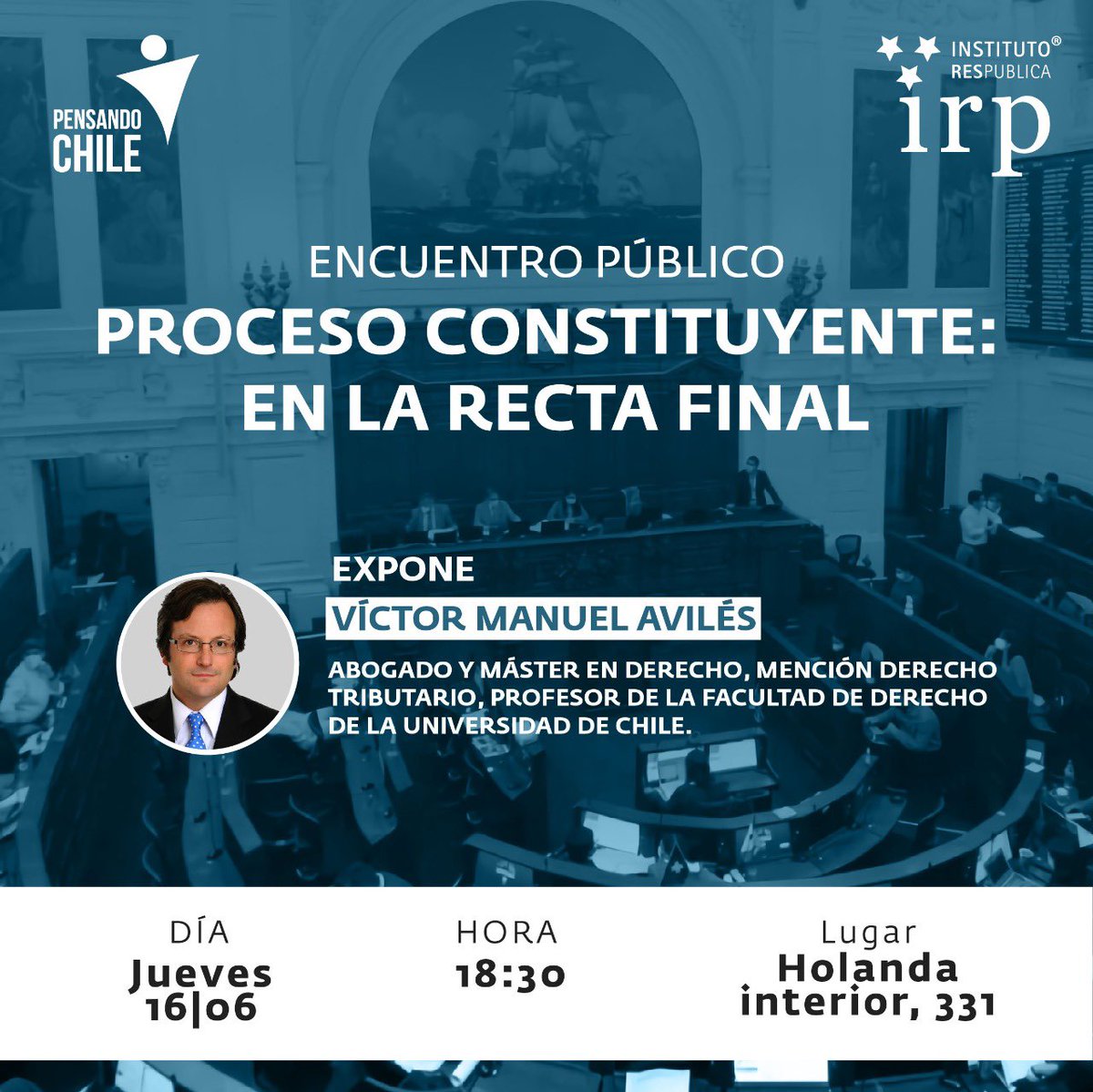 Encuentro Público 🧐 <a href="/PensandoChile/">PensandoChile</a> <a href="/i_respublica/">Instituto Res Publica</a> 

Te invitamos este jueves a las 18:30hrs a nuestro encuentro con Víctor Manuel Avilés para analizar la recta final del proceso constituyente.

Inscríbete en este link! 
forms.gle/2Tfr41prYirSQz…

Nos vemos ✌🏻