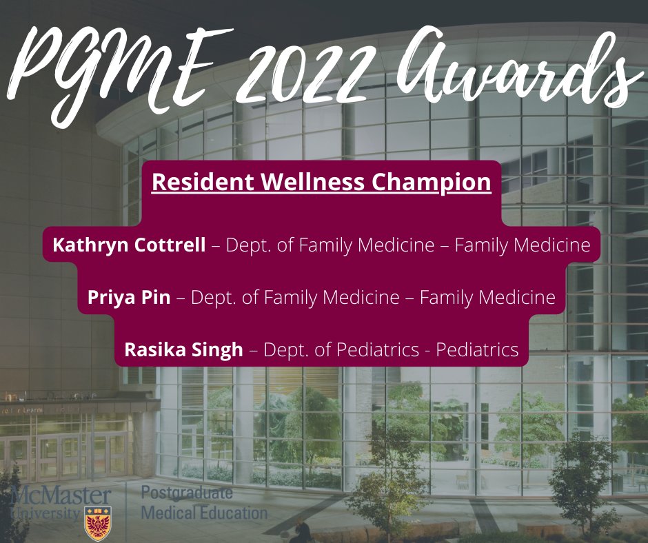 McMasterPGME's tweet photo. 3/3 Congratulations to the 2022 Resident Award Winners - highlighting Resident Leaders, Resident Mentors, and Resident Wellness Champions! https://t.co/tPDfDFzpjf