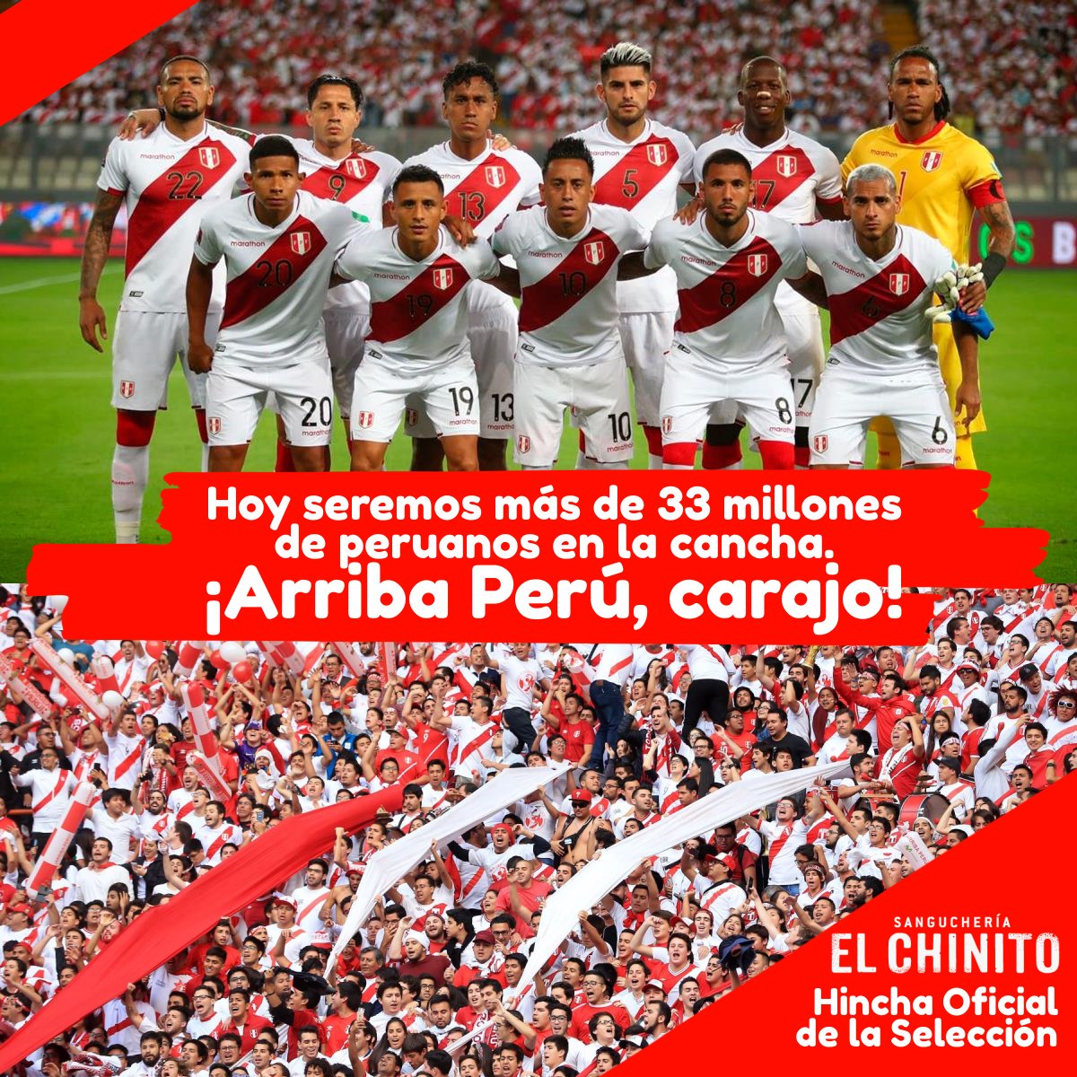 Querida <a href="/SeleccionPeru/">La Bicolor</a>:
Hoy jugaremos más de 33 millones de peruanos a su lado. Vamos por ese último sacrificio juntos. ¡Qatar nos espera! ¡Arriba Perú, carajo!

#ElChinito, Hincha Oficial de la Selección...
#Perú #Repechaje #PerúVsAustralia #TeAmoPerú