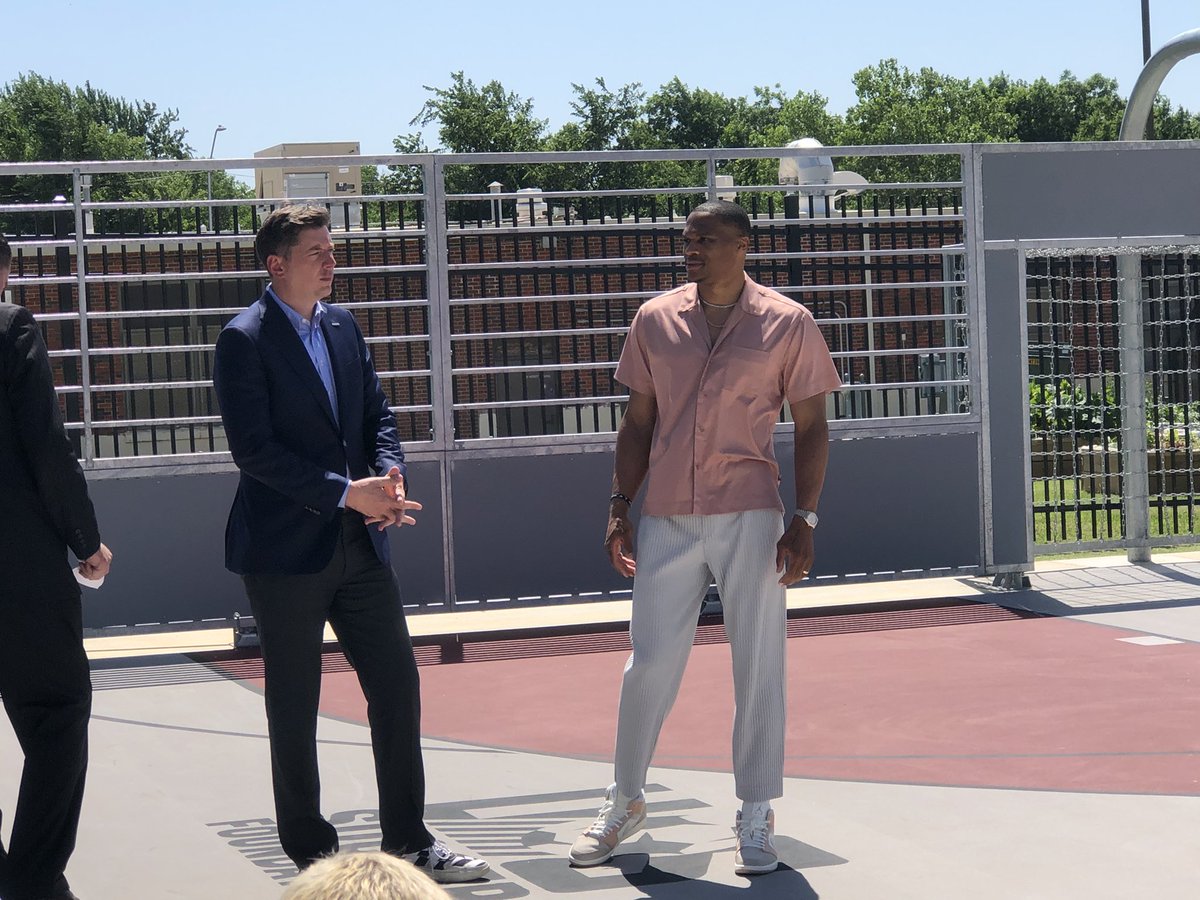 joe_mussatto's tweet photo. Russell Westbrook is in OKC today for a ribbon cutting at a futsal court he donated at Capitol Hill HS. https://t.co/jk4S2fK4SQ
