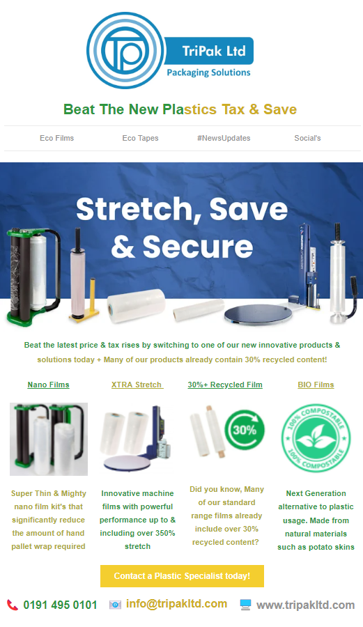 Beat the new plastics tax and save. #Tripak #Packaging #Nanofilm #BioFilm #Palletwrap