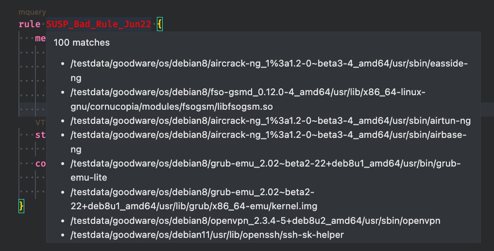 I recommend mquery to test #YARA rules for false positives on a big corpus of indexed goodware

We've even integrated it into our internal VSCode extension via API so that we can trigger a query and get results right into our editors

github.com/CERT-Polska/mq…