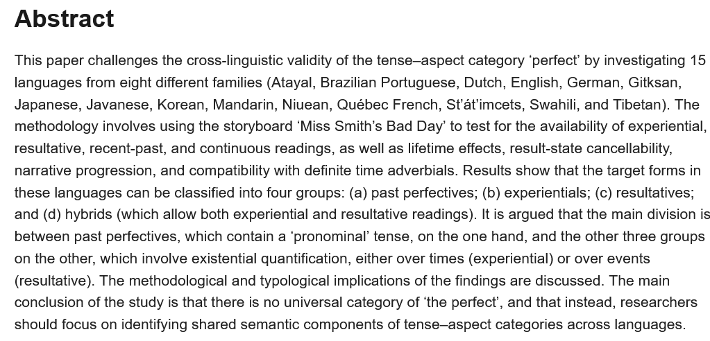 New paper out by Bertrand, Aonuki, Chen, Davis, Gambarage, Griffin, Huijsmans, Matthewson, Reisinger, Rullmann, Salles, Schwan, Todorovic, Trotter &amp; Vander Klok (2022). Nobody’s Perfect. Languages 2022, 7, 148.
mdpi-res.com/d_attachment/l…
