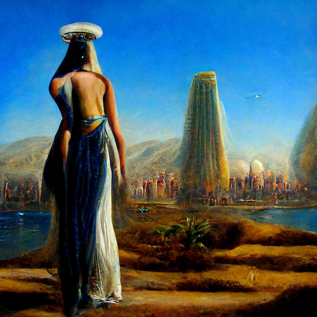 hammer_mt's tweet photo. I used AI to do the artwork for my book. The prompt I found to work was "Faded oil painting on canvas in the Hudson River School style of an ancient [country] [occupation] arriving in a futuristic utopian [location] city. From behind. Wide angle." https://t.co/7lsZxhAex2