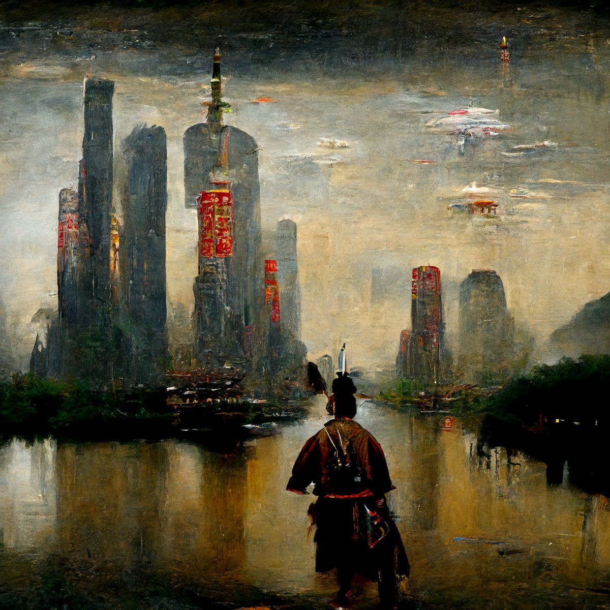 hammer_mt's tweet photo. I used AI to do the artwork for my book. The prompt I found to work was "Faded oil painting on canvas in the Hudson River School style of an ancient [country] [occupation] arriving in a futuristic utopian [location] city. From behind. Wide angle." https://t.co/7lsZxhAex2