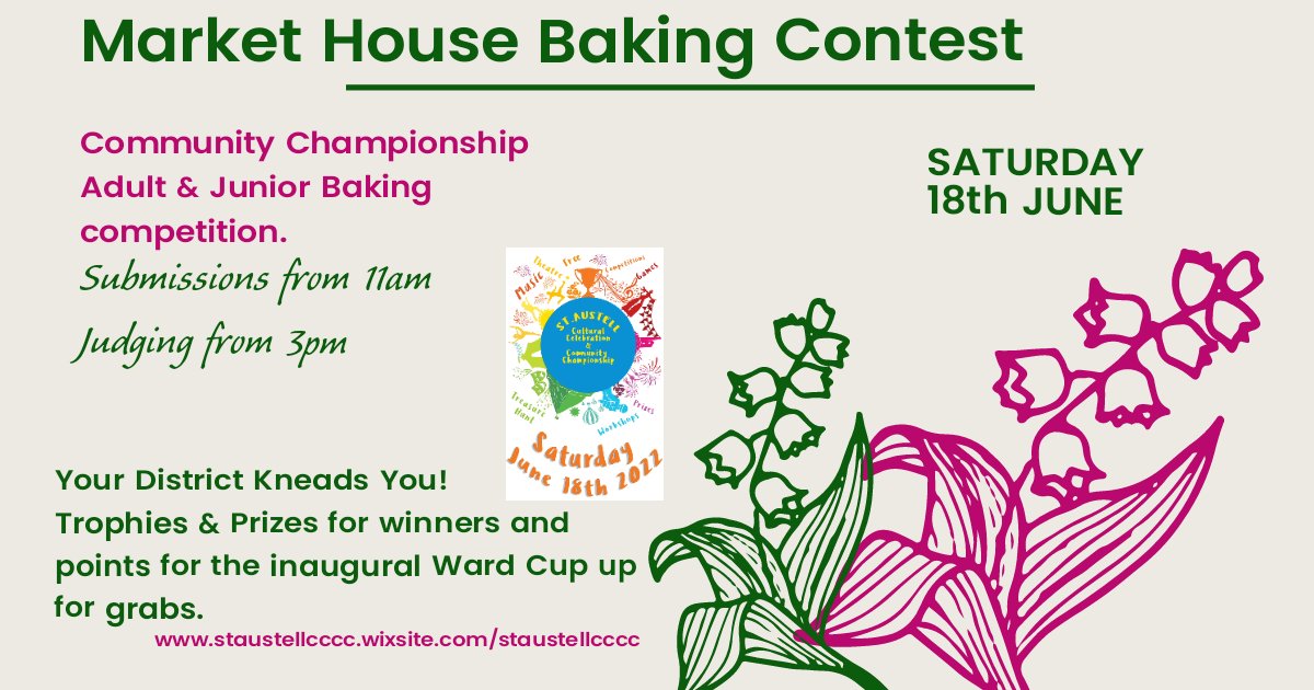 Baking, Flower Arranging &amp; Veg growing contests in the Market house this Saturday for #TresorysKernow - All events are free to enter and prizes and trophies available for winning entrants. <a href="/SheilaVanloo/">Sheila Vanloo 💙</a>