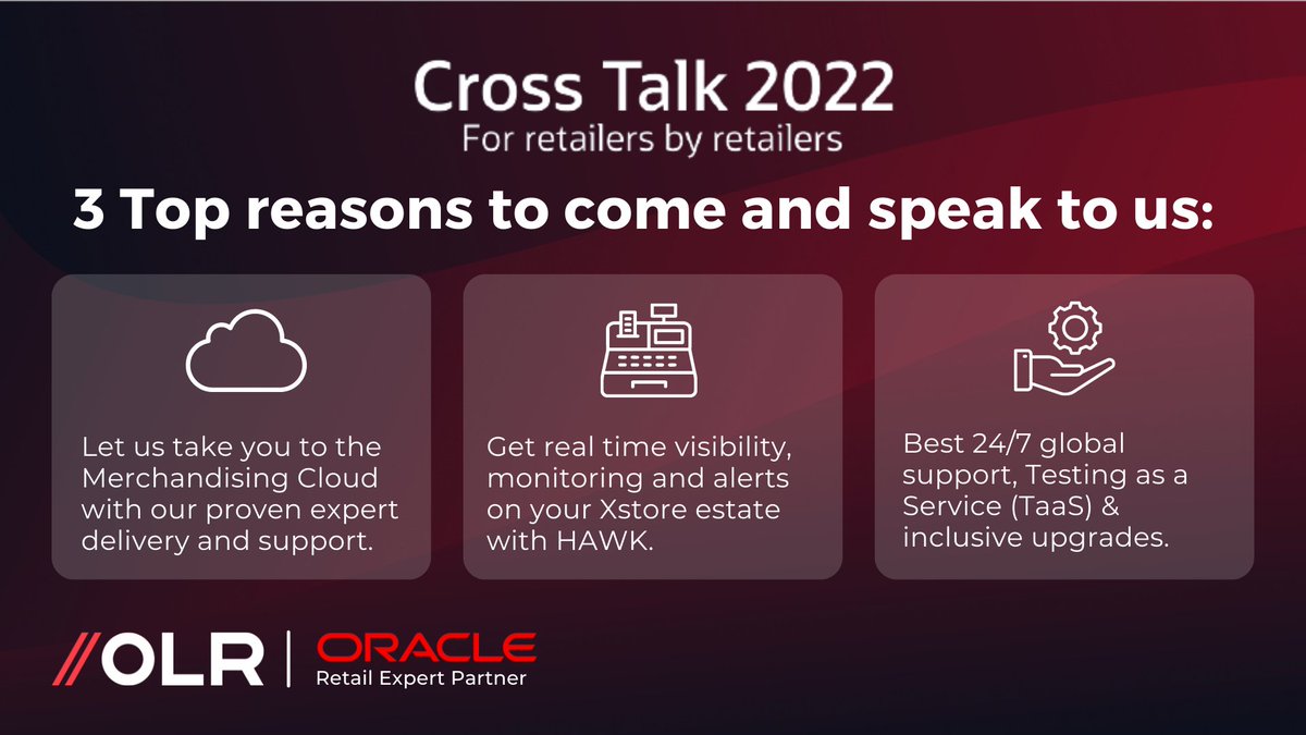 2 days until #CrossTalk2022 with <a href="/OracleRetail/">Oracle Retail</a>!
There are many reasons to cross paths with our team at the show but here are the top 3 on why you shouldn't miss the chance to come and see what sets OLR apart.
#OracleCloud #retail #retailtechnology #retailtech