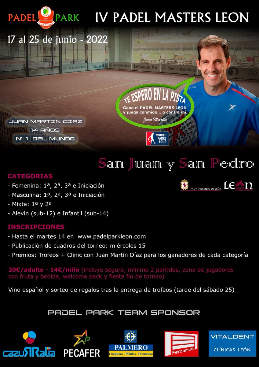 PadelParkLeon's tweet photo. Este Martes 14 a las 23.30h se cierra el plazo de inscripción al PADEL MASTERS LEON, el torneo de pádel de las Fiestas de San Juan y San Pedro. 

Apúntate en este enlace: 😀 👍
https://t.co/aPsND0WWjc 

@LeonAyto @EDM_aytoleon #padel https://t.co/5jEVdF4RY1