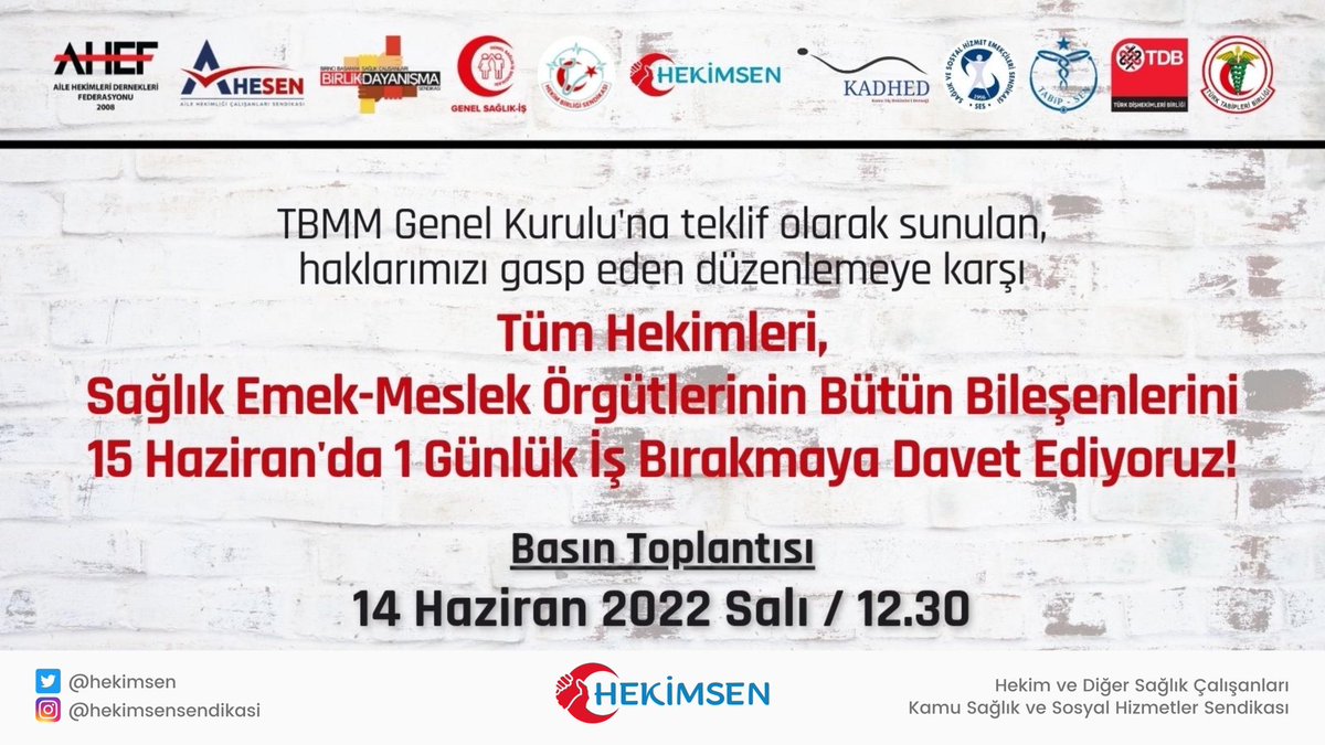 Paydaşlarımızla birlikte daha kalabalık ve daha güçlüyüz. 
TBMM Genel Kurulu’na sunulan ve haklarımızı gasp eden düzenlemeye karşıyız.

Tüm HEKİMLERİMİZİ 15 Haziran’da HEKİMLİĞE CAN VERMEK İÇİN,alanlarda tek yumruk olmaya ve 1 günlük iş bırakmaya davet ediyoruz.

#1Gün100BinHekim