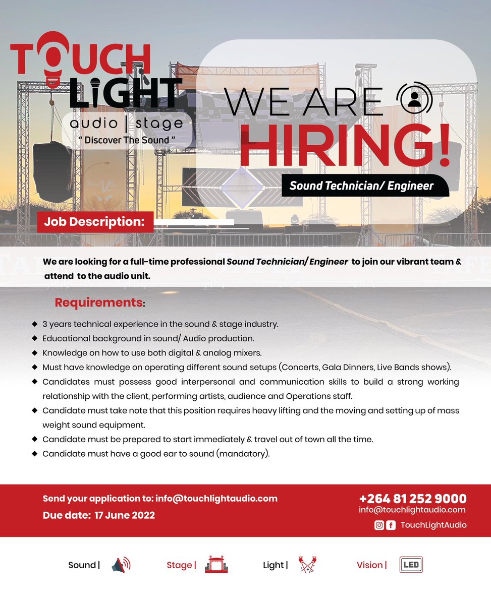 TouchLightAudio's tweet photo. We are hiring a Sound Technician 🎙🔊 https://t.co/pmf5HkujN9