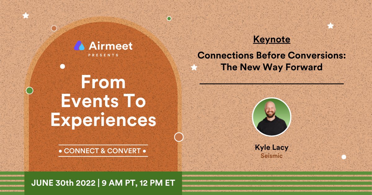 Airmeet's tweet photo. Join @kyleplacy - SVP of Marketing, @SeismicSoftware on 30th June 2022 at 9:10 AM (PT) to learn how to engage your prospects through the power of storytelling and ensure deeper bonding with your customers.
Register Here - https://t.co/KtzzaNTlIV
#eventstoexperiences https://t.co/tWQIc2oqRU