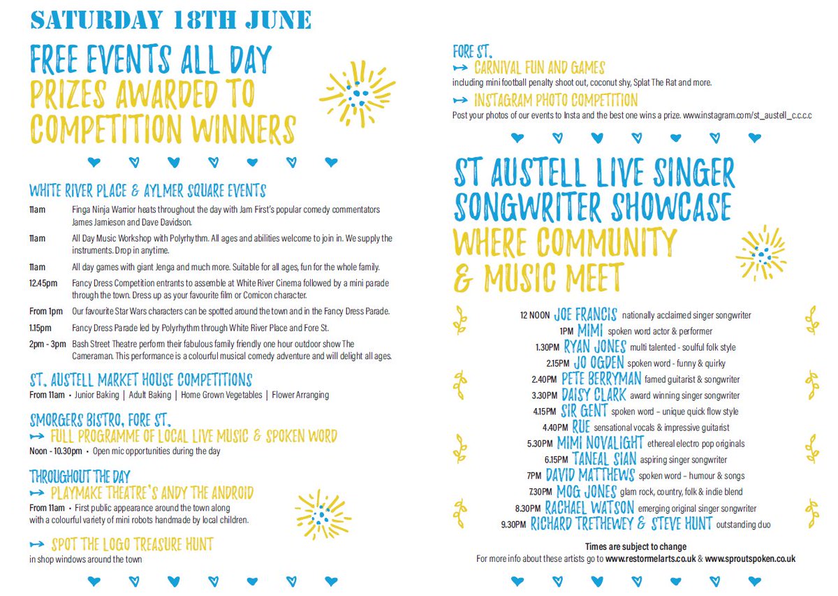 Tomorrow join us for a day of Free Events in St Austell Fun for all the family starting from 11.00am. Let us all celebrate how great our Town is #TresorysKernow <a href="/SheilaVanloo/">Sheila Vanloo 💙</a> <a href="/WTW_StAustell/">White River Cinema</a>