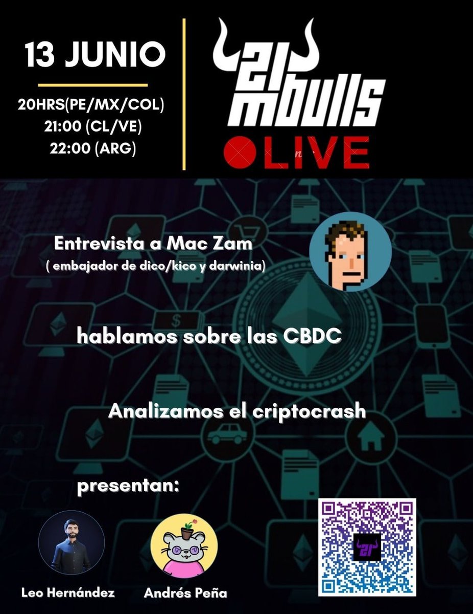 Leocriptogeek's tweet photo. Acompañen a un servidor y a  @andresanemic hoy por la noche ,donde estaremos entrevistando a @Criptomaczam1 ,hablando de las CBDC y analizando el criptocash de hoy.  #bitcoin #21MBulls https://t.co/mlc7Ywc653